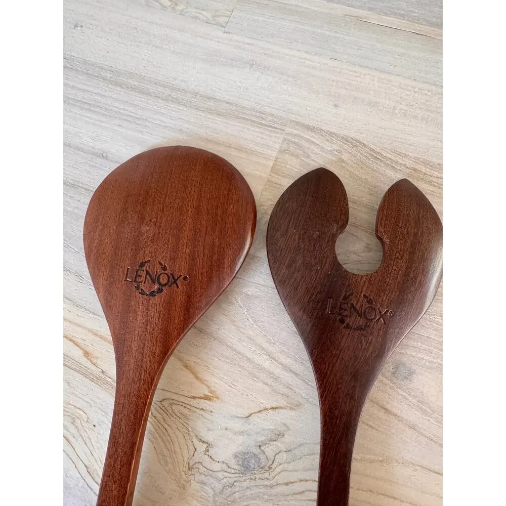 VINTAGE Lenox Salad Serving Utensils Spoon & Fork Set Tongs Wooden Silver Handle